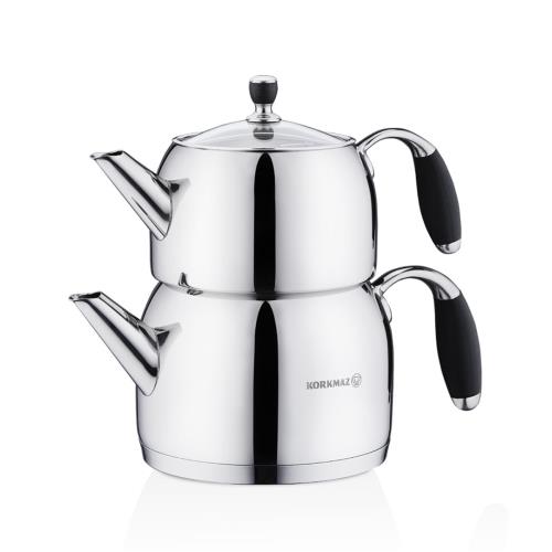 Korkmaz Flora Stainless Steel Teapot Set Black Medium - Induction (Caydanlik Seti)