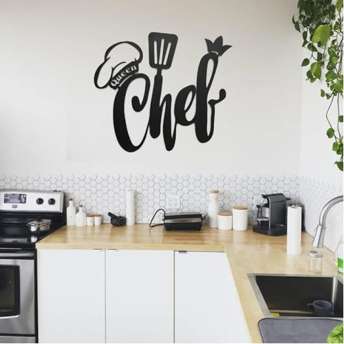 QUEEN CHEF PATTERNED BLACK METAL WALL HANGER FOR ALL WALLS 1.5MM THICK 95X56CM