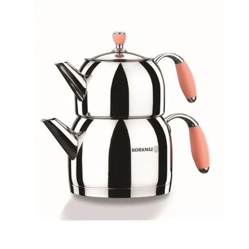 Korkmaz Flora Midi Stainless Steel Teapot Set Pink - Induction (Caydanlik Seti)
