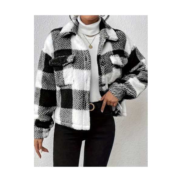 DOUBLE-SIDED PLUSH BUTTON CARDIGAN WITH PATCH POCKETS - CASUAL JACKET FOR WOMEN